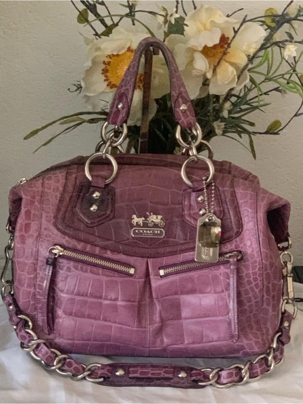 RARE HTF Coach Mauve/Purple  Madison Audrey Croc-Embossed Leather Satchel